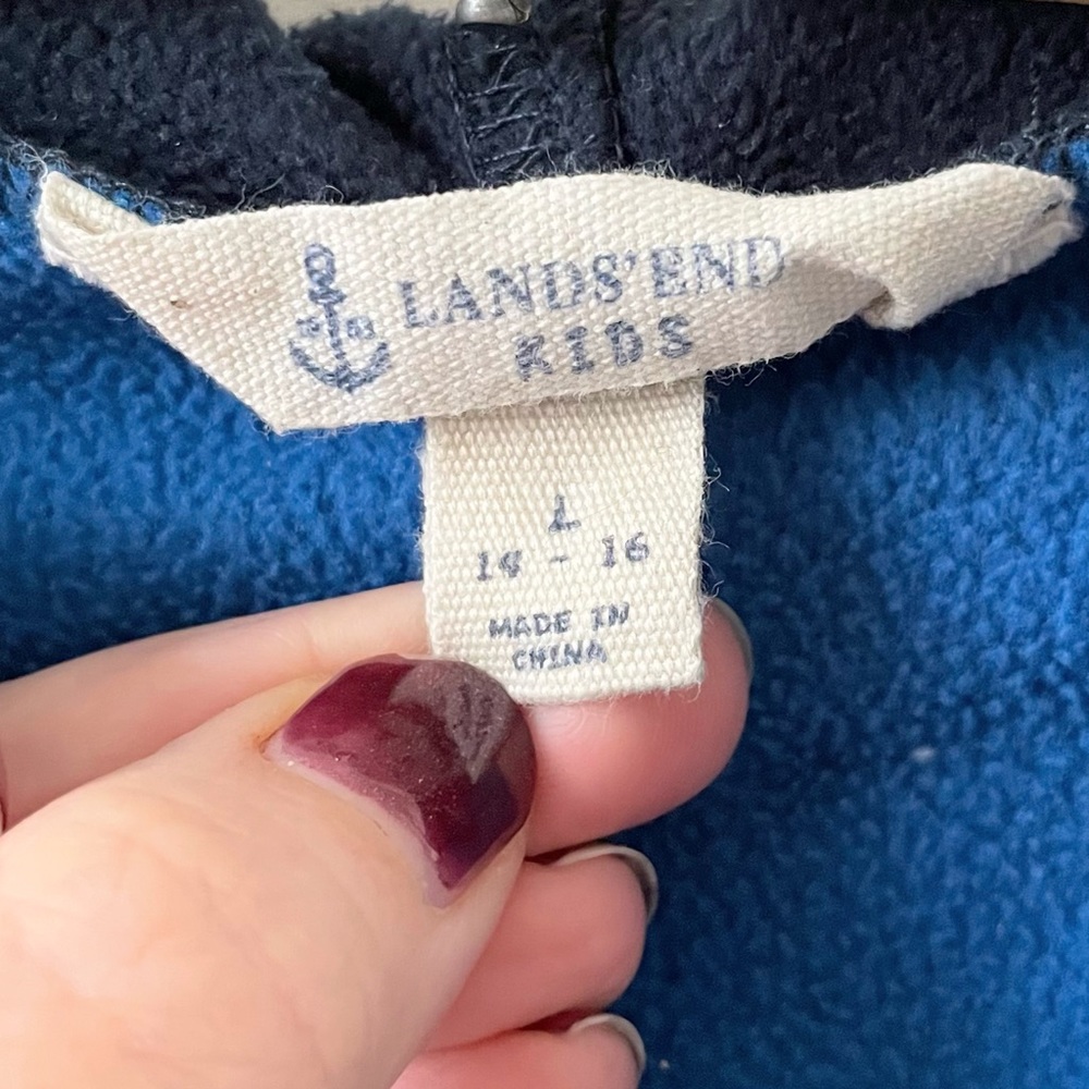 Fleece Hooded Robe Kids Housecoat Lands End Size 14-16 Large Blue - Picture 7 of 9